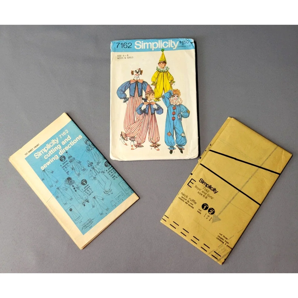 Simplicity Sewing Pattern Vintage 1975 Clown Costume Kids‎ 7-8 UNCUT #7162